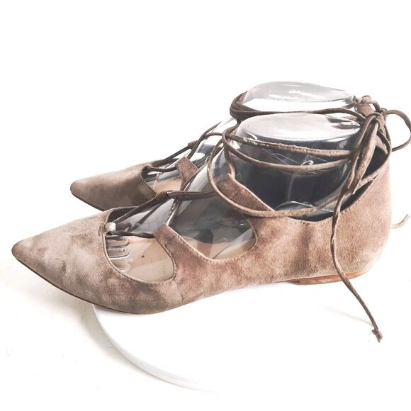 Vince Camuto Pointy Toe Tie Up Ankle Wrap Flats 7.5 Nuetral Suede Ballet Flats - Picture 4 of 10